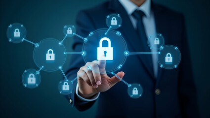 Flat Business Professionals Utilizing Global Network Security Technology: Cute Vector Illustration of Cybersecurity with Encryption and Padlock Icons for Personal Information Protection