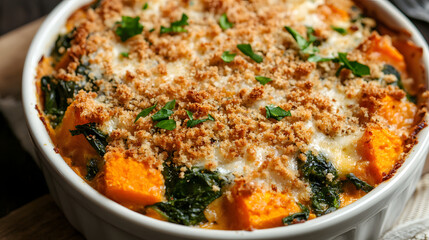 A spinach and sweet potato casserole topped with breadcrumbs and cheese.