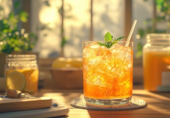 Refreshing Summer Cocktail with Ice and Mint Garnish in a Cozy Setting with Natural Light Filtering Through Bright Windows