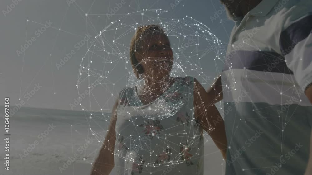 Poster couple walking on beach with network of connections animation overlay