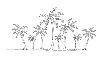 Black and white line art illustration of a tropical scene featuring palm trees with detailed fronds.