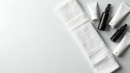 Naklejka premium Flat Lay of Black and White Skincare Products with Towel on Light Background - Photo Stock Concept
