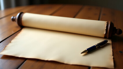 Scroll of certificate books pen on wooden table with copy space concept as A close up shot of a certificate scroll books and a pen on a wooden table ideal for educational achievements document signing