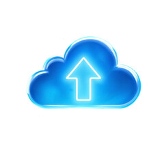 A glowing blue cloud icon symbolizing effortless data upload, a seamless digital journey in vibrant hues.