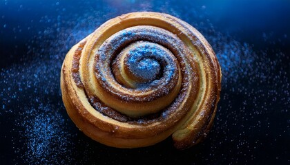 Cinnamon Roll Delight: A macro shot showcases a delicious cinnamon roll, spiraling with perfection, with dusting of powder. a feast for the eyes and a promise of sweet moments.