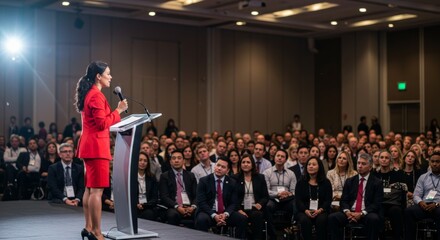 Inspiring business conference with engaging female speaker at professional event