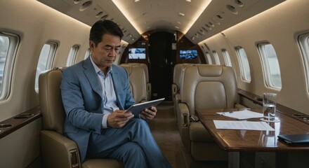 Business executive working on tablet inside private jet cabin