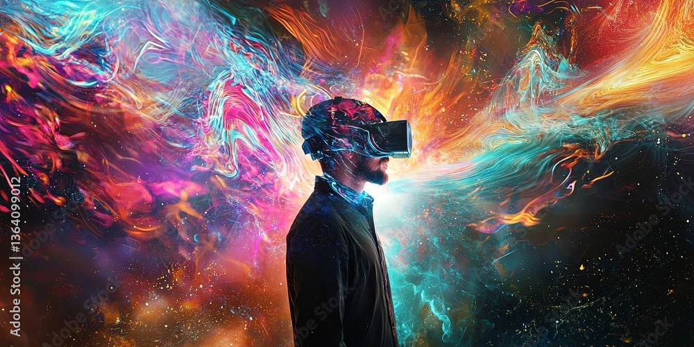 Aufkleber Man in Virtual Reality Headset Surrounded by Colorful Swirling Lights and Digital Effects Representing Immersive Technology Experience