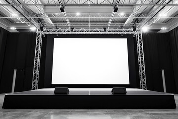 Empty stage with large blank screen, speakers, and lighting setup in a modern event hall. Industrial ceiling structure and dark curtains in background. Ai generative