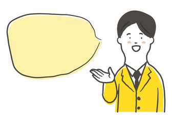 笑顔で案内をしている男性会社員の上半身と吹き出しの鉛筆で描いた手書き風のシンプルなイラスト素材
