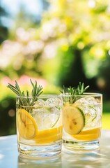 Fototapeta premium Refreshing summer cocktail with lemon and rosemary garnished in a sunny garden setting, ideal for leisure and relaxation moments with friends