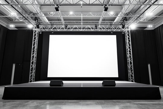 Empty stage with large blank screen, speakers, and lighting setup in a modern event hall. Industrial ceiling structure and dark curtains in background. Ai generative