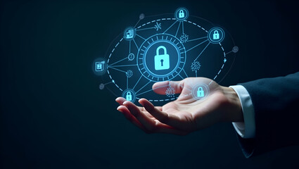 Obraz premium Hand interacting with holographic VPN server interface displaying network security encryption internet privacy icons symbolizing secure VPN connection in empty space concept as Hand interacts with hol