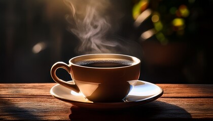 Obraz premium Steaming Coffee Cup in Sunlight: A steaming cup of rich, dark coffee sits invitingly on a saucer, illuminated by the warm glow of the sunlight, creating a cozy and relaxing atmosphere.