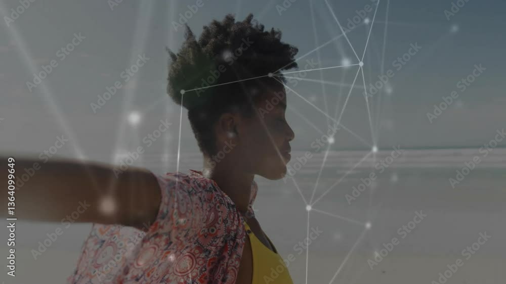 Poster person on beach with network connections and data processing animation overlay