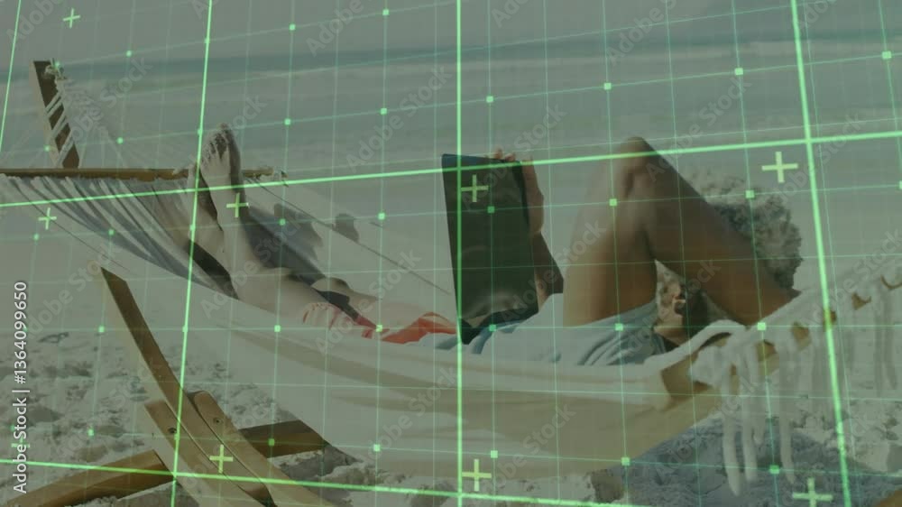 Poster person relaxing in hammock on beach with digital grid overlay animation