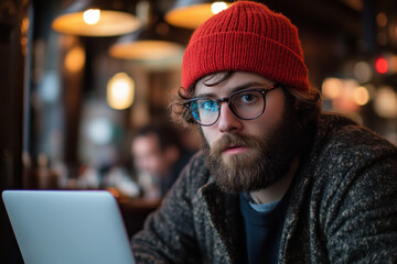 A man with a beard and glasses typing on a laptop at a coffee shop, surrounded by people and sunlight.