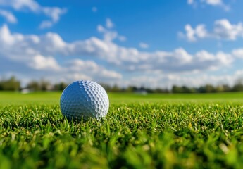 Fototapeta premium A close-up view of a pristine golf ball resting on lush green grass under a vibrant blue sky dotted with fluffy white clouds. ideal for sports and outdoor activities