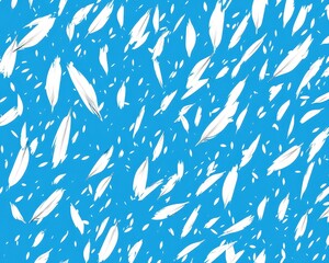 A flurry of delicate white feathers gracefully dances through the air, catching the light as they swirl and float, creating a serene and ethereal atmosphere.