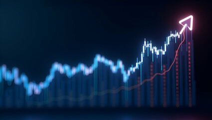 Financial Graph with Uptrend Candlestick Chart on Neon Widescreen Background - Stock Market Trends