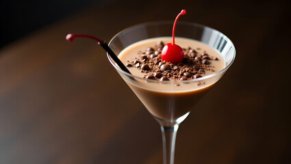 Luxurious Chocolate Martini in Elegant Glass with Straw, Garnished with Chocolate Shavings & Cherry