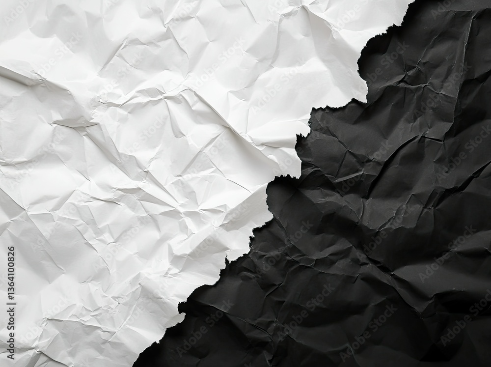 Poster a close-up view of crumpled black and white textured paper. showcasing intricate patterns and contra