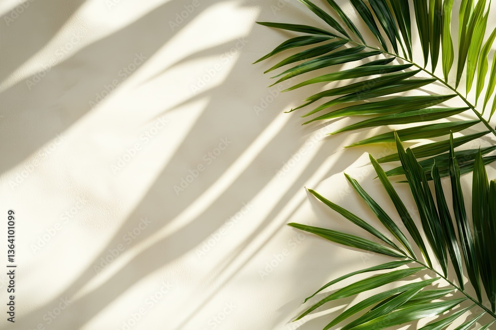 Poster lush green palm leaves casting intricate shadows on a sandy surface. creating a tranquil and serene 