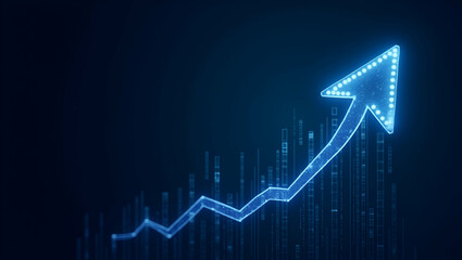Flat Business arrow pointing up showing growth line with circuit technology on dark blue background symbolizing investment success financial data graph strategy market chart profit money in vector ill