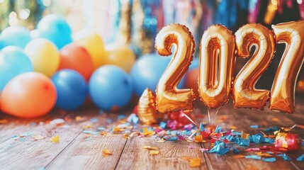 Naklejka premium Golden balloons spelling out the year 2027 are surrounded by colorful confetti and balloons, creating a festive atmosphere for a celebration