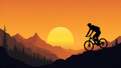Obraz premium Flat Silhouette of Mountain Biker Riding on Rocks at Sunset: A Cute Vector Illustration Celebrating Adventure Outdoor Sports and Nature's Beauty During Golden Hour
