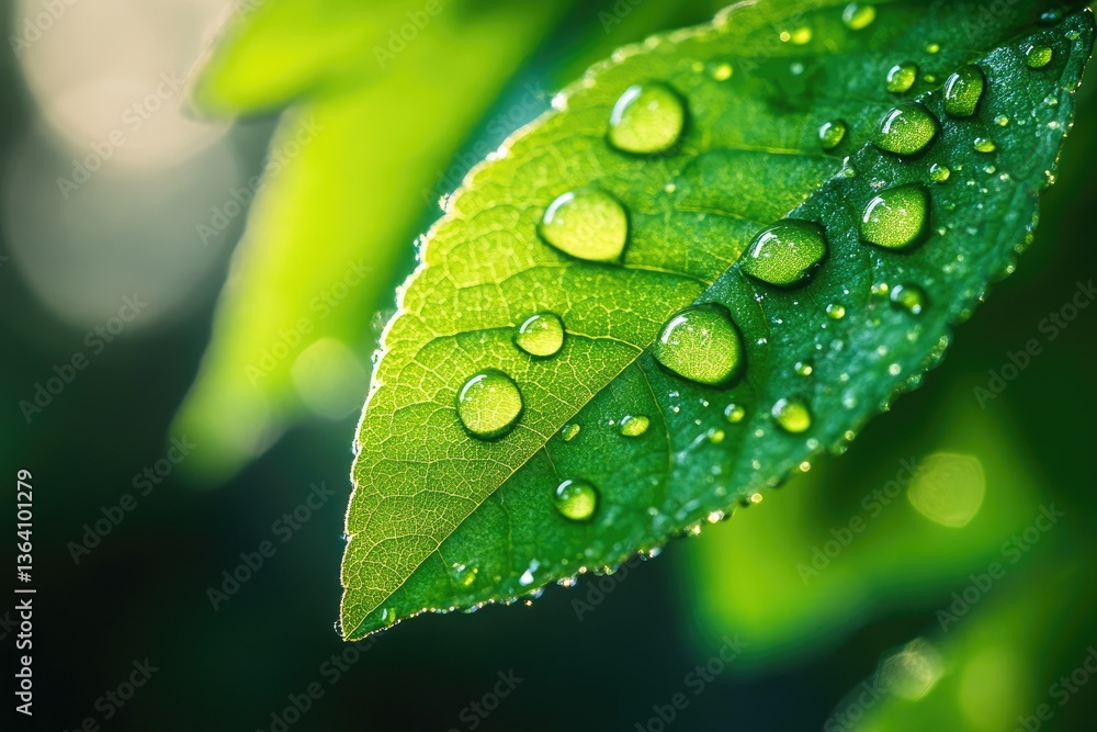 Poster close-up of vibrant green leaves adorned with water droplets. illuminated by soft sunlight. creating