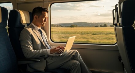 Businessman working on laptop during train journey with scenic countryside view