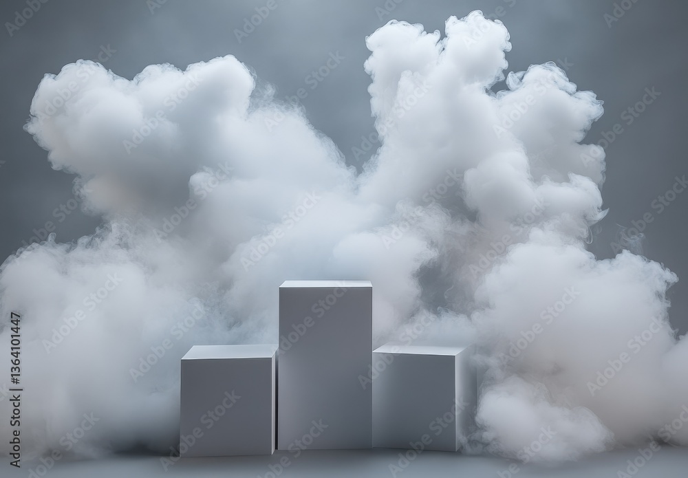 Poster A serene composition featuring three textured cubes surrounded by soft. swirling clouds of mist. creating an ethereal atmosphere in a minimalistic setting
