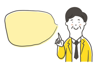 笑顔で指差ししているシニア男性会社員の上半身と吹き出しの鉛筆で描いた手書き風のシンプルなイラスト素材