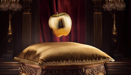 Golden Apple Displayed: A magnificent golden apple levitates gracefully above a luxurious gold pillow, against a backdrop of opulent velvet curtains and ornate architectural elements.