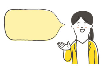 笑顔で案内をしている女性会社員の上半身と吹き出しの鉛筆で描いた手書き風のシンプルなイラスト素材