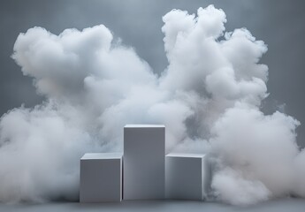 A serene composition featuring three textured cubes surrounded by soft. swirling clouds of mist. creating an ethereal atmosphere in a minimalistic setting