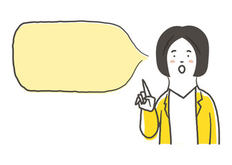 笑顔で指差ししている女性会社員の上半身と吹き出しの鉛筆で描いた手書き風のシンプルなイラスト素材