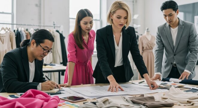 Fashion design team collaborating in creative workspace for new collection development
