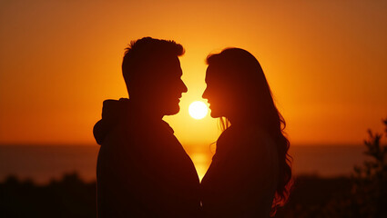 Fototapeta premium Silhouette of couple in love silhouette during sunset romantic relationship bonding together silhouette art concept as Silhouette of couple in love during sunset representing romantic relationship and