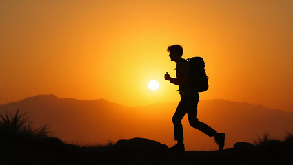 Silhouette of Young Backpacker Walking at Sunset: Adventure Travel Exploration in Scenic Environment with Empty Space for Photo Stock Concept