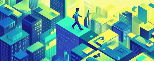 A man casually strolls through a bustling city street, surrounded by towering skyscrapers and modern architecture, with vibrant storefronts and pedestrians in the background.