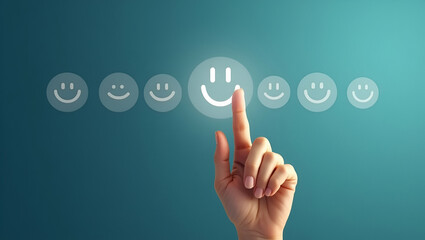 Fototapeta premium Flat Hand Touching Smiley Face Icon: A Cute Vector Illustration Representing Customer Satisfaction and Feedback in Product and Service Evaluation