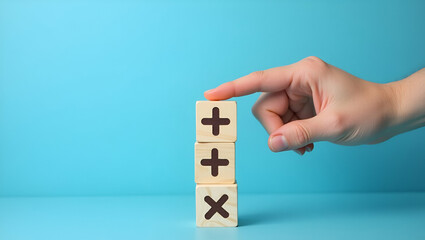 Fototapeta na wymiar Hand Choosing Wood Block with Plus and Minus Symbols on Blue Background: A Visual Representation of Decision Making and Strategic Thinking in Workplace Planning