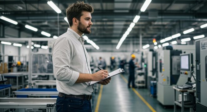 Industrial engineer observing manufacturing process in modern factory setting - Powered by Adobe