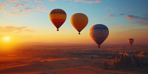 Obraz premium Hot air balloons floating over a desert at dawn