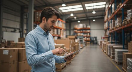 Fototapeta premium Man using tablet in modern warehouse for inventory management and logistics efficiency