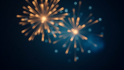 Fototapeta premium Glittering Gold and Dark Blue Fireworks with Bokeh Lights: Elegant New Year Eve Abstract Background for Holiday Celebrations - Perfect Photo Stock Concept with Space for Text