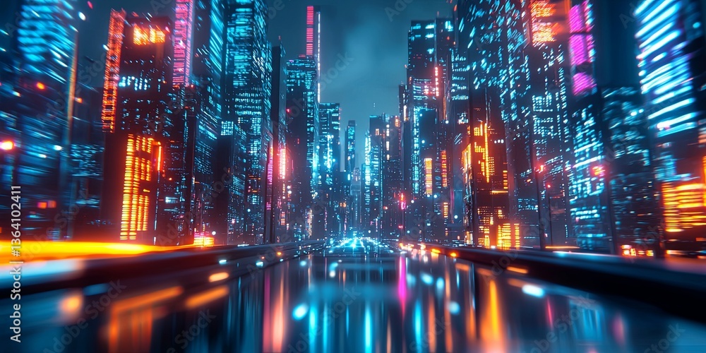 Poster futuristic digital cityscape with glowing neon lights and high-tech data visualization in a vibrant 