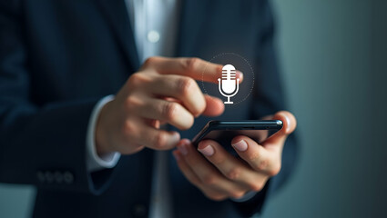 Flat Voice Recording Concept: Man Interacting with Microphone Icon on Smartphone for Mobile App Audio Recording - Simple Cute Vector Illustration for Smart Business Tone